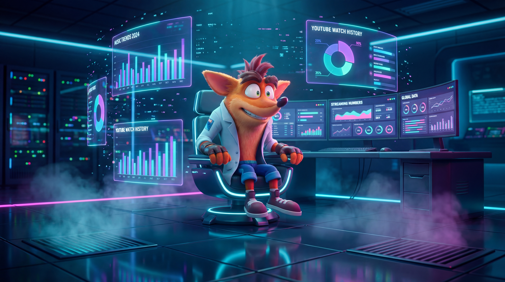 Crash Bandicoot analyzing data in command center
