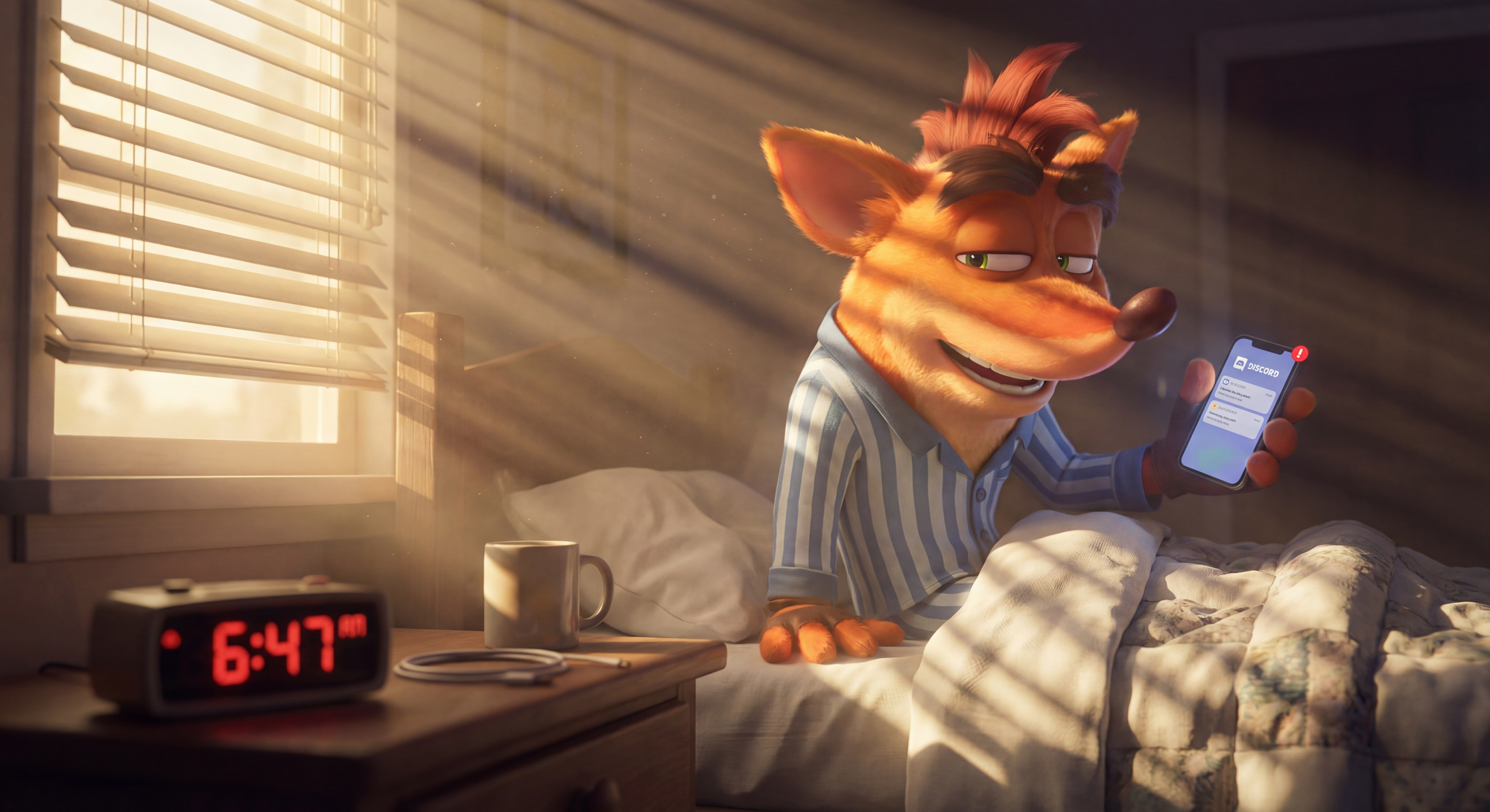 Crash Bandicoot waking up at 6:47 AM checking Discord
