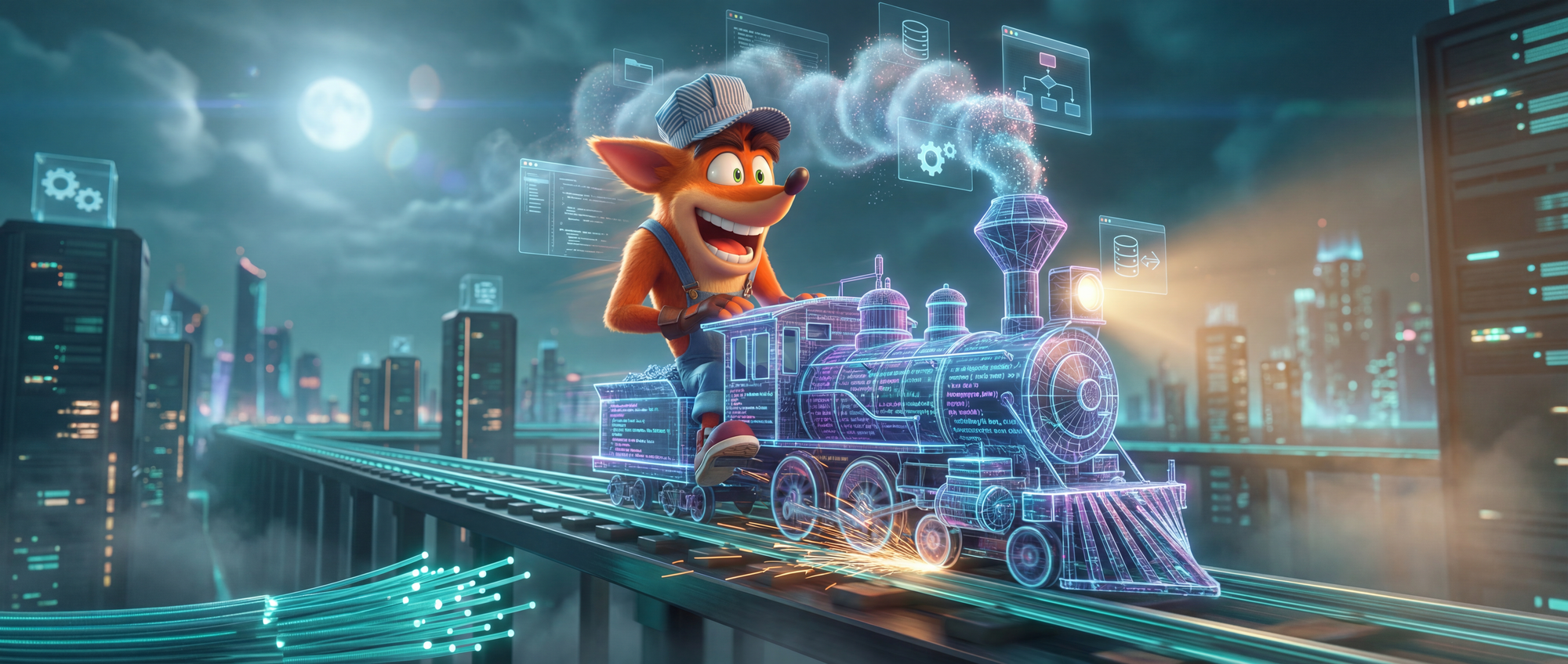 Crash Bandicoot riding a holographic code train